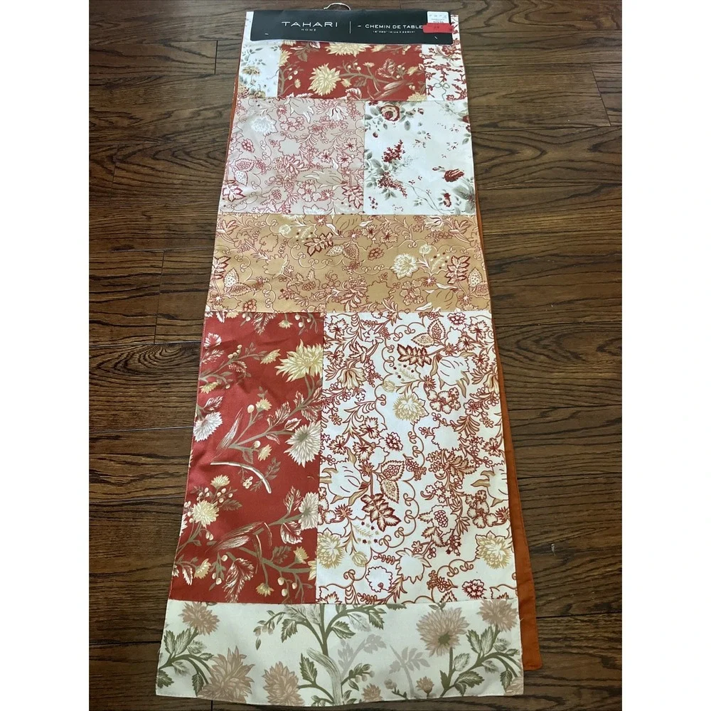 Tahari Home Patchwork Fall Table Runner Orange Yellow Tan Floral 16